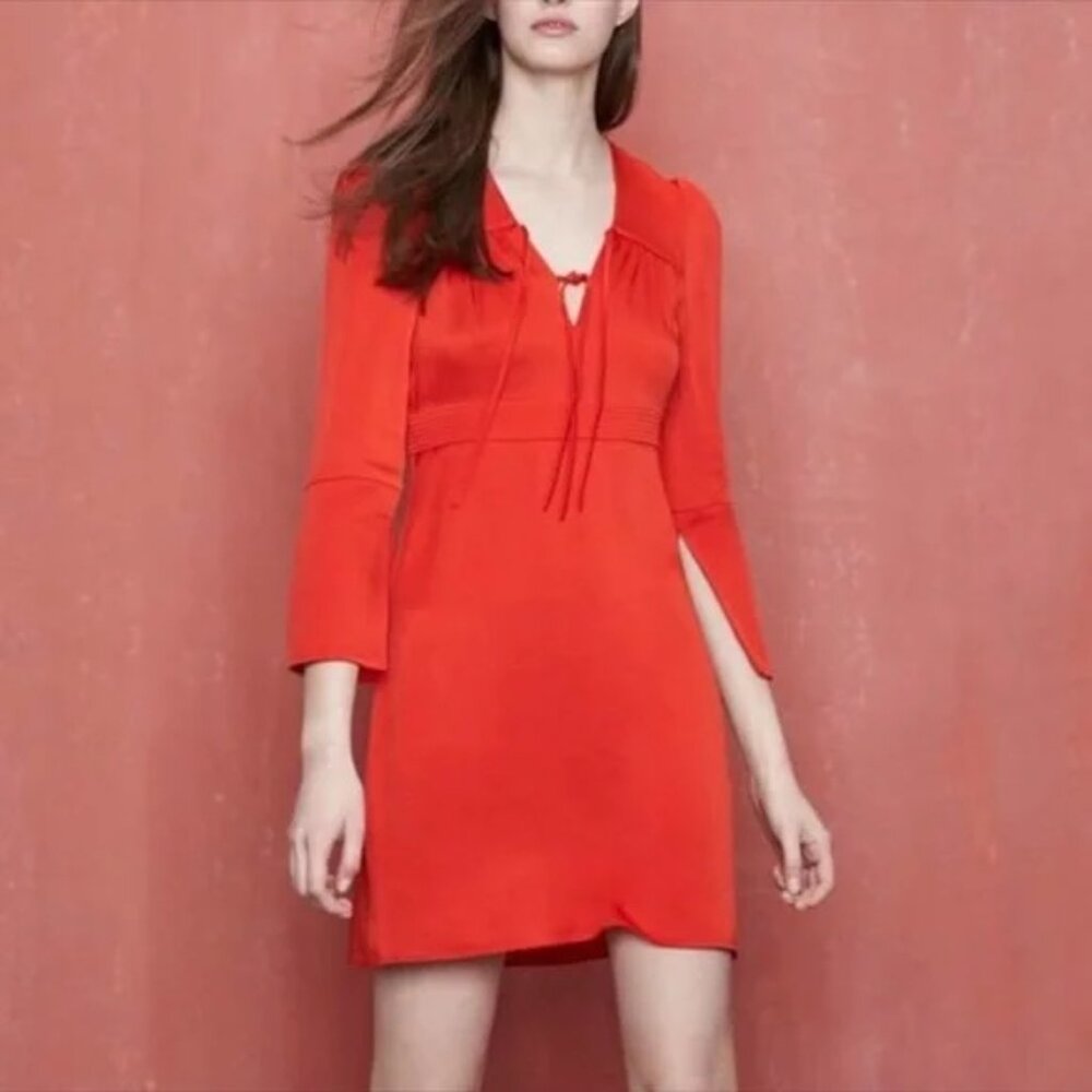 Maje Rahon Red Orange Satin Silky Textured Mini Dress with Tie Details (Size 1)
